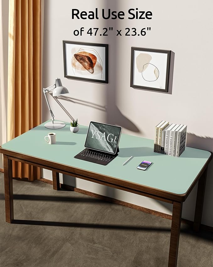 YSAGi Leather Desk Protector, Office Mat, Large Mouse Mat, Non-Slip PU Leather Blotter, Laptop Desk Pad, Waterproof Writing Pad for Office and Home (Pale Green, 47.2" x 23.6")