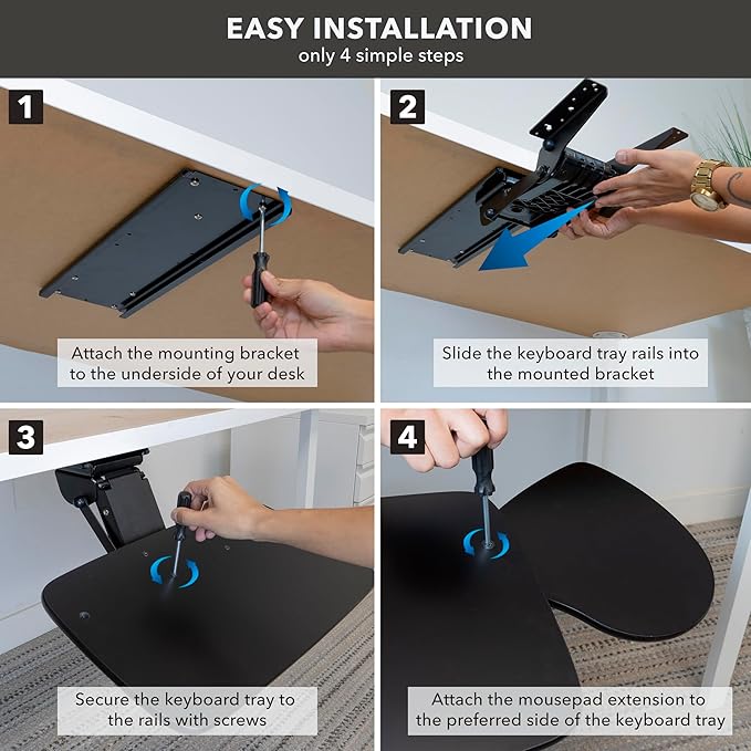 Mount-It! Full Motion Under Desk Keyboard Tray with Wrist Rest | Height and Tilt Adjustable Ergonomic Slide Out Keyboard Platform with Swivel, Mouse Pad for Left or Right Setup