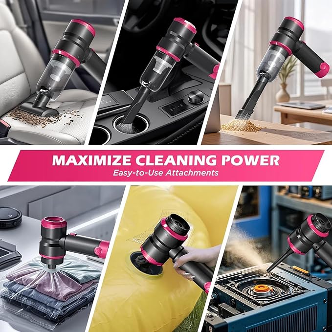 Handheld Car Vacuum with 15000PA Power, 4 in 1 Small Powerful Cordless Vacuum Cleaner & Air Duster with 2000mAh Battery, Rechargeable Portable Mini Hand Held Vacuum for Car, Home,Office,Pet Hair（Pink）