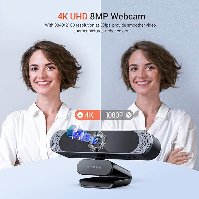 DEPSTECH 4K Webcam, DW49 HD 8MP Equipped with Sony Sensor Autofocus Webcam with Microphone, Privacy Cover, Plug Play USB Computer Web Camera for Pro Streaming/Online Teaching/Video Calling/Zoom/Skype