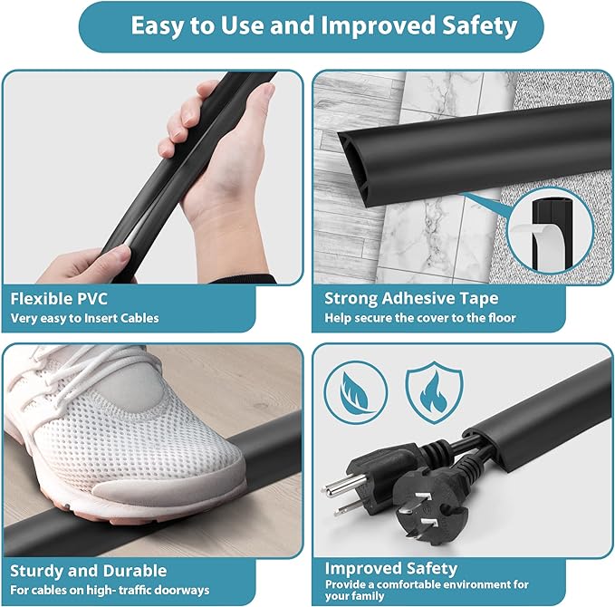 Floor Cable Cover 3ft Brown, LZEOY Cord Covers for Wires on Floor, Low Profile Cord Hider Cable Management, Office/Carpet Compatible