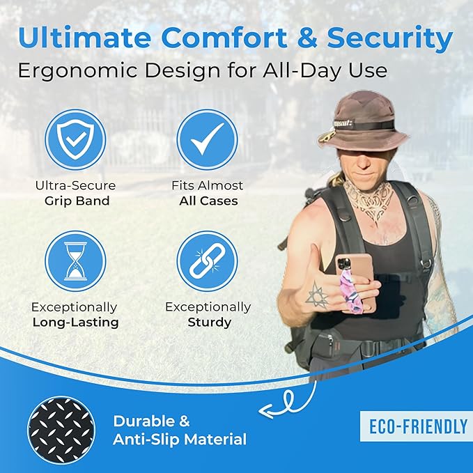 Phone Grip Strap - Reversible Finger Holder for Phone Back, Customizable Anti-Slip Design, Wireless Charging Compatible Detachable Holder for iPhone - Metallic Black