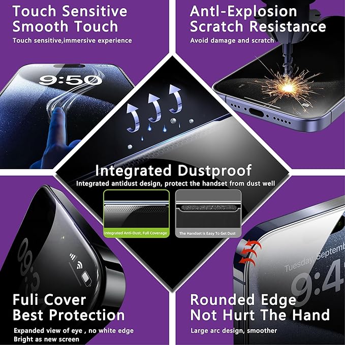 2 Pack Matte Privacy Screen Protector for iPhone 16 Pro, 9H Tempered Glass, Full Coverage, Anti-Fingerprint, Auto Dust-Elimination, No Bubble, Easy Installation