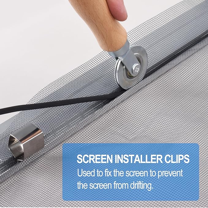 BAYTORY Window Screen Repair Kit, Steel Roller Tool with Bearing, Spline Removal Hook, 32ft Retainer Spline and 8Pcs Screen Clips Replacement for Installing Door Mesh Screens