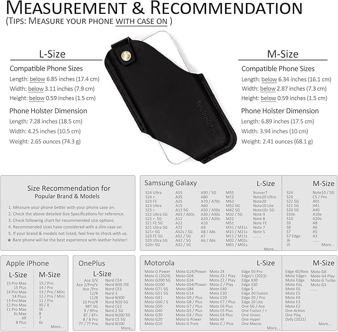 TobbinGear Left-Handed Leather Cell Phone Holster with Belt Clip, Universal Phone Holster for Men Belt Holder, Leather Case for iPhone, Samsung Galaxy Phones, Black, Medium