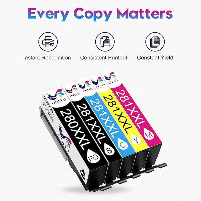 ONLYU 280XXL 281XXL Compatible for Canon Ink 280 and 281 Cartridges PGI-280XXL CLI-281XXL for Canon TR8520 Ink Cartridges for Pixma TR8620 TR8620a TS6320 TR7520 TS6120 TS6220 TS8220 TS9520 (5 Packs)