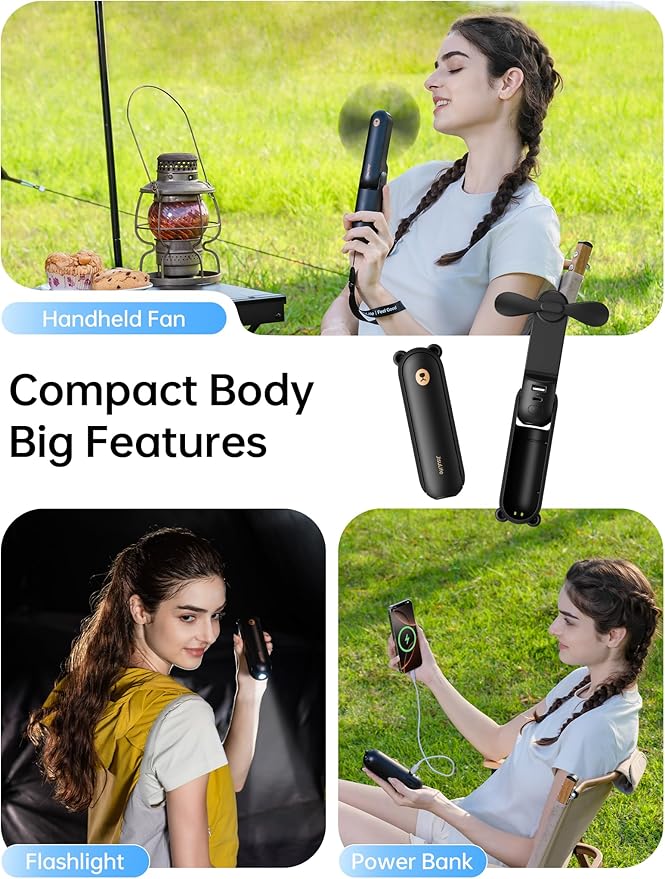 JISULIFE Handheld Fan with 4500 mAh Powerbank Max 37 Hours Runtime, Pocket Portable Battery Operated or USB Powered Folding Personal Fan, 3 Speeds, Gifts for Women Men Kids Gift for Festival-Black