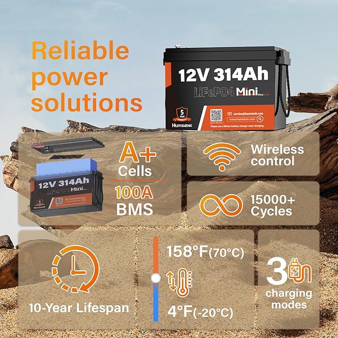 2 PCS Bluetooth 12V 314Ah LiFePO4 Lithium Battery MINI, Max. 4190Wh Energy, EV A+ Cells, Built-in 100A BMS, 15000 Deep Cycles Battery with Low-Temp Protection for RVs, Solar System, Off-Grid