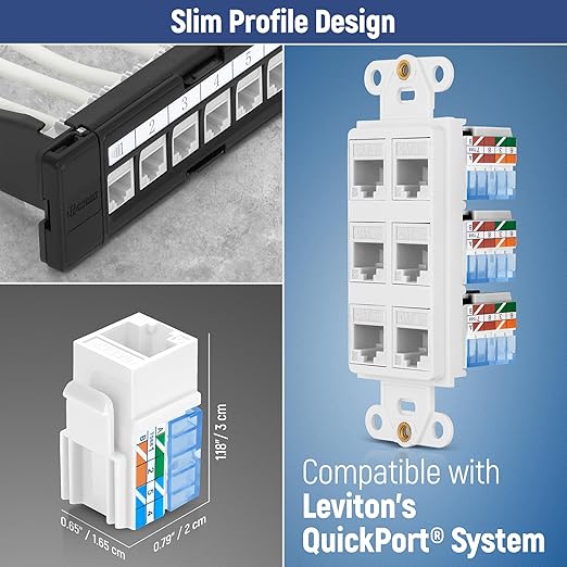 Everest 90° Angled RJ45 Cat5e Keystone Jacks 10-Pack in White - Slim Profile Female RJ45 Connectors - Cat 5e Keystone Jack - Compatible with 90° Angled Speed Termination Tool - easyJACK (B094WB91H3)