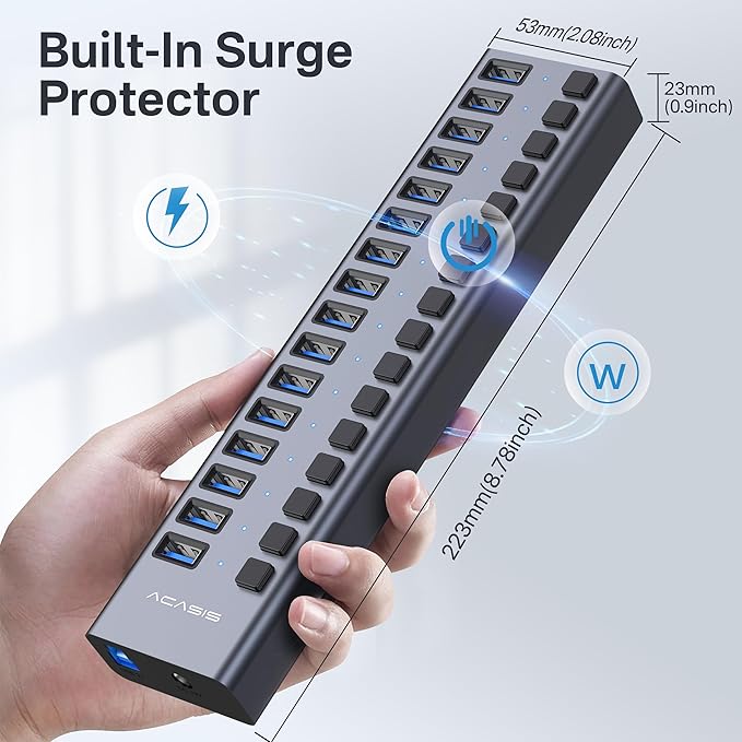 Powered USB 3.1 Hub, ACASIS 16 Ports USB 3.1 Hub with 10Gbps Data Speed，Aluminum Housing, USB Hub Powered with 96W Power Adapter, USB Hub for PC/Laptop, Computer, Flash Drive, Printer, Camera