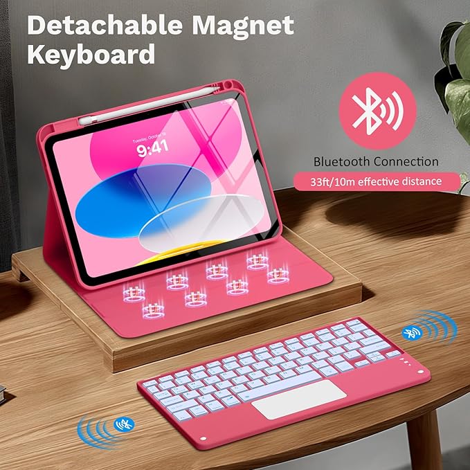 MoKo Touch Keyboard Case for iPad (A16) 11th Generation 11 inch 2025, iPad 10th Generation 10.9 inch Case with Pencil Holder, 7 Colors Backlit Multi-TrackPad Detachable Bluetooth Keyboard, Pink