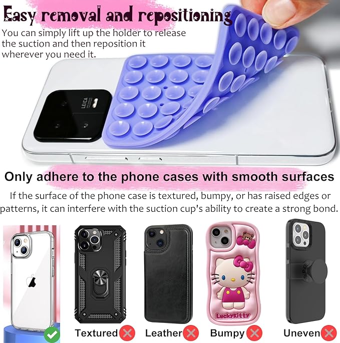2 Pack Silicone Suction Cup Phone Case Mount Double Sided, Hands-Free Strong Grip Silicon Phone Holder, Non Slip Phone Accessories for Selfies and Videos (Light Pink&White)