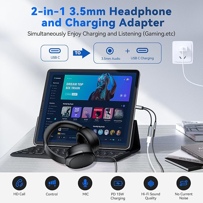 3PCS USB C Splitter for KZ ZS10 PRO, CCZ CA01 USB C to 3.5mm Audio Headphone and Charger Adapter, Type C Headphone Splitter 1 in 2 Out, Dongle Audio Cable DAC for Samsung Galaxy S25/S24 (USBC-3.5MM)