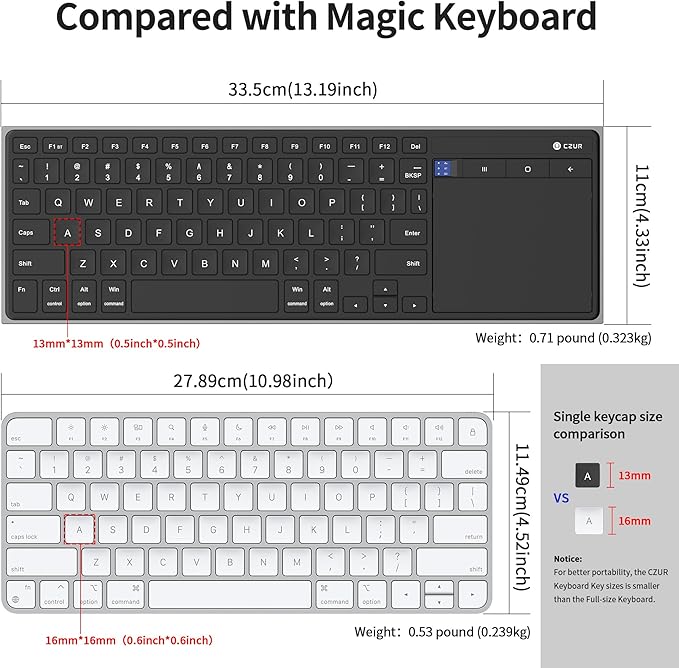 CZUR Rechargeable Bluetooth Keyboard with Touchpad, Portable Computer Keyboard with Trackpad, Wireless Ultra Slim Keyboard for PC/Laptop/Tablet/Phone, for Windows/Android