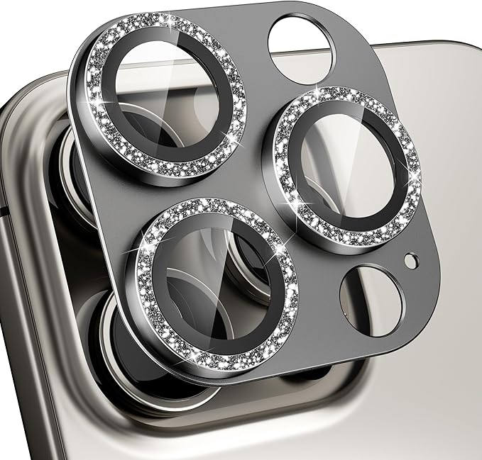 beuxece Compatible for iPhone 16 Pro/iPhone 16 Pro Max Camera Lens Protector, Bling Metal Tempered Glass Camera Screen Cover Accessories [Strong Adsorption][Case-Friendly]- Glitter Titanium Natural