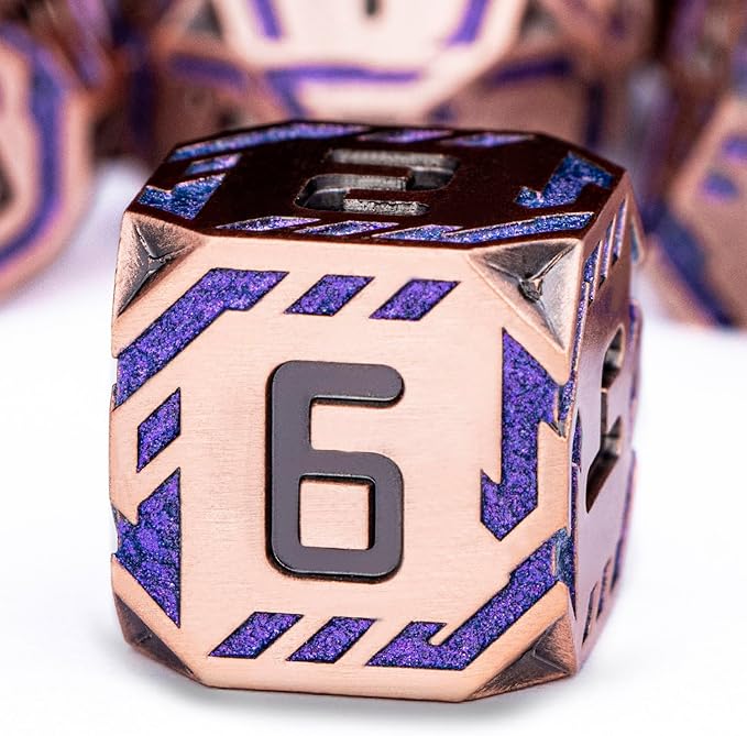 Metal DND Sci-fi Dice Set 7PCS Stripe Polyhedral Dice for Dungeons Dragons RPG Role Playing Game, Glitter D and D Dice with Gift Box D6 D8 D10 D12 D20 (Ancient Bronze&Purple)