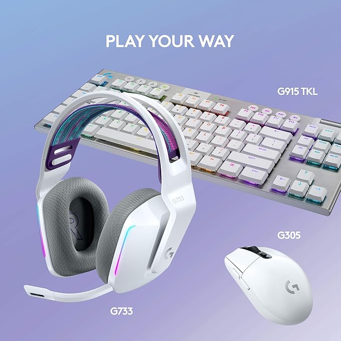 Logitech G733 Lightspeed Wireless Gaming Headset, Suspension Headband, Lightsync RGB, Blue VO!CE Mic, PRO-G Audio – White, Gaming Headset Wireless, PC, PS5, PS4, Switch Compatible