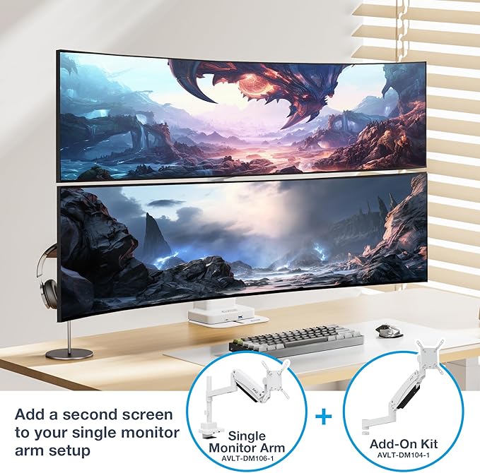 AVLT Single 57 Inch Heavy Duty Monitor Arm Add-On Kit for Pole Top Mount-White, Fits 1.38" Pole, for Super Ultrawide Screen, Supports 59.5lbs (27kg), VESA Compatible, Workspace Upgrade Extension Arm