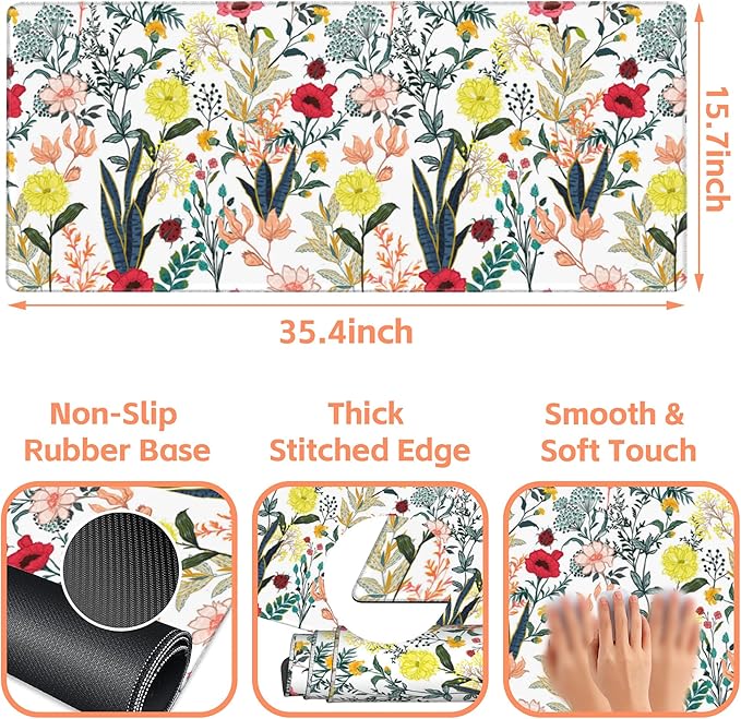 Mouse Pad Large Summer Flower Non-Slip Gaming Desk Mat with Stitched Edge Laptop Keyboard Desk Pad for Work Home Gaming (35.4 x 15.7 Inches)