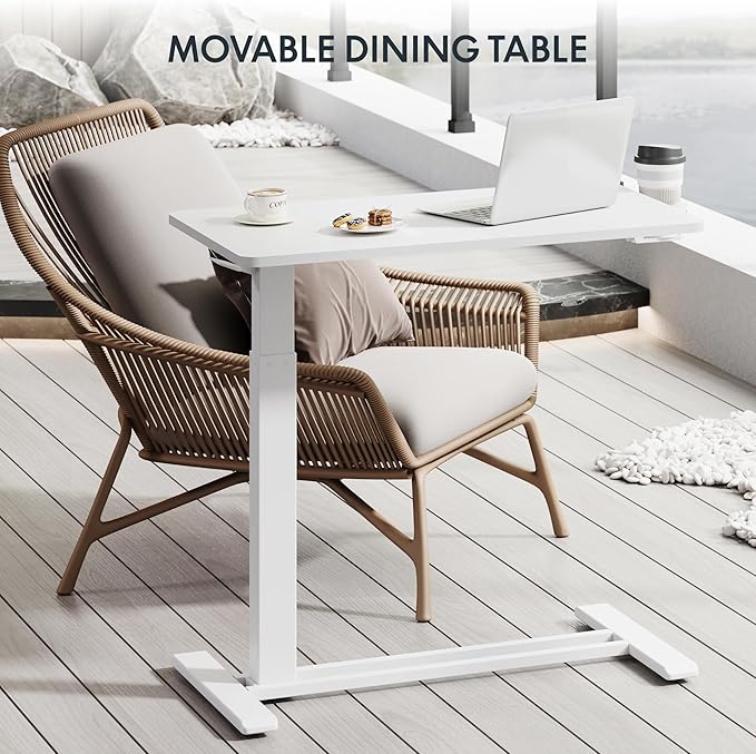 FLEXISPOT H7 Adjustable Overbed Bedside Table with Wheels Pneumatic Mobile Standing Laptop Desk Rolling Computer Cart Movable Overbed Table Hospital Home Use (31.5" W x 17.7" D, White Large)