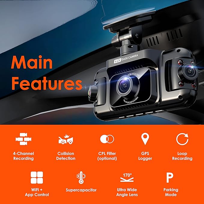 R4-4 Channel Dash Cam W/All Around 1080p Resolution, Wi-Fi, GPS, IR Night Vision, Parking Mode, Collision Detection, Type-C Port