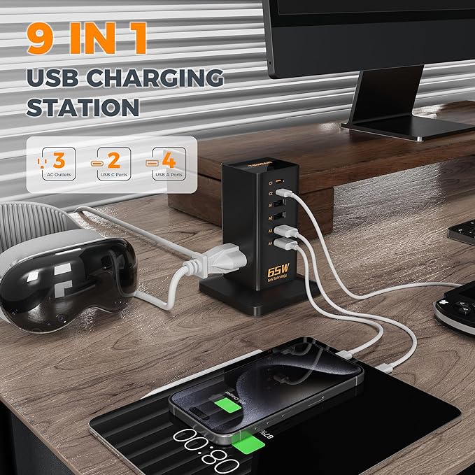 USB Charging Station for Multiple Devices PD 65W, TESSAN 9-in-1 USB C Charger Block for iPhone 16/15, MacBook, Tablet, Type C Desktop Charger with 3 AC, Home Travel Office Accessories