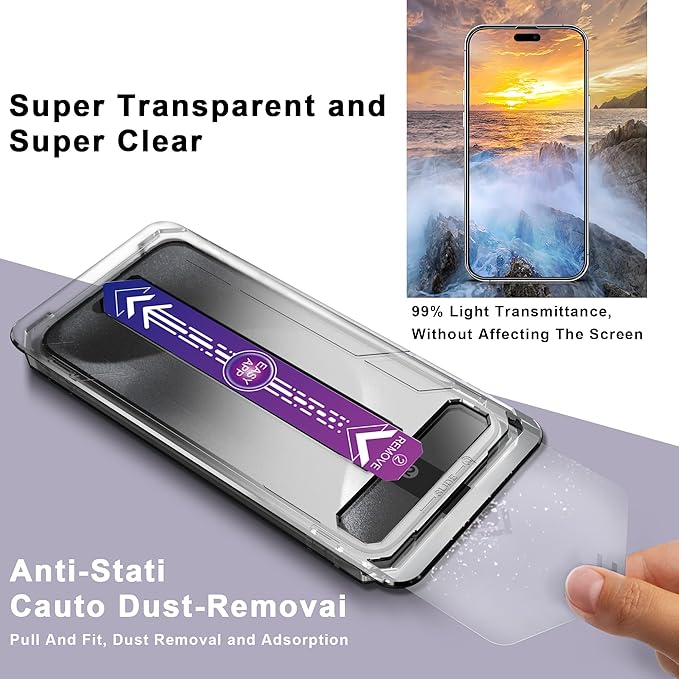 2 Pack Screen Protector for iPhone 16 Pro, 9H Tempered Glass, Full Coverage, Anti-Fingerprint, Auto Dust-Elimination, No Bubble, Easy Installation