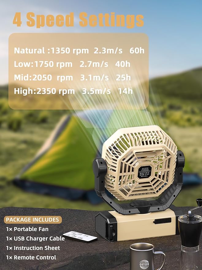 Camping Fan Rechargeable - 9-Inch Battery Powered Fan, 20000mAh(60Hrs) Battery Operated for Camping, Auto Oscillation Cordless, Tent Fan with Remote/Light, 4 Speeds, 4 Timing, Outdoor