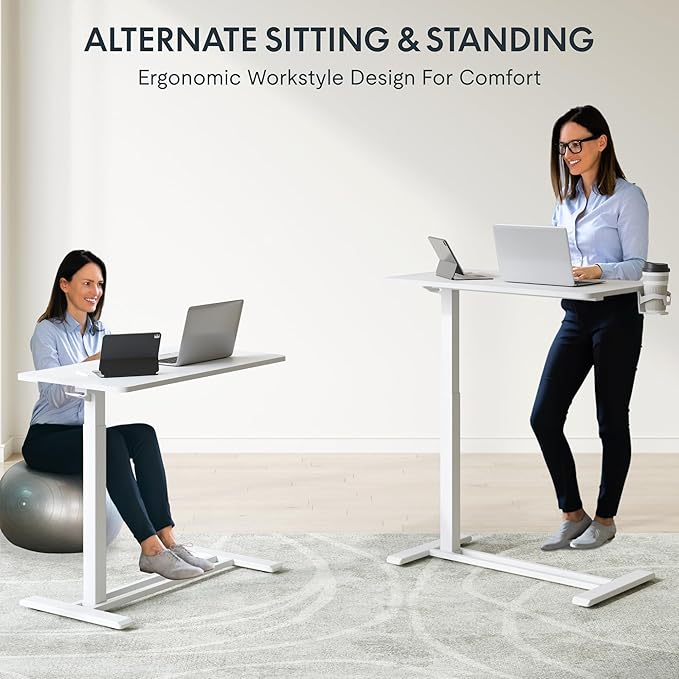 FLEXISPOT H7 Adjustable Overbed Bedside Table with Wheels Pneumatic Mobile Standing Laptop Desk Rolling Computer Cart Movable Overbed Table Hospital Home Use (31.5" W x 17.7" D, White Large)
