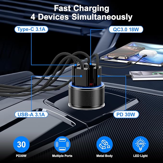 Car Charger USB C, Besgoods 4 Ports Cigarette Lighter USB Charger USB C Car Adapter PD/QC Fast Charging with Voltmeter for iPhone 16 15 14 13 12 Galaxy S24 S23 A54 A15 Android Dash Cam, 2Pack