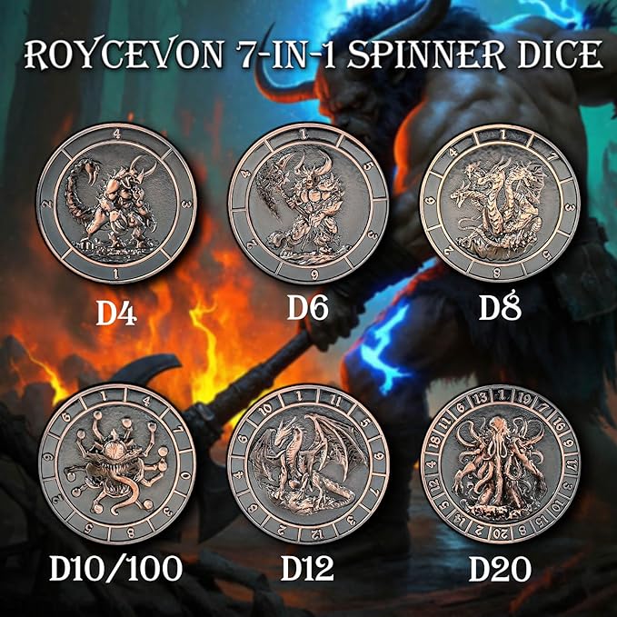 7 in 1 D6 Spinner DND Dice Set D&D, Metal Cube D and D Dice with Gift Box, Dungeons Dragons Role Playing Dice, Copper