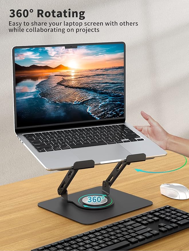 SOUNDANCE Laptop Stand with 360° Rotating Base, Ergonomic Computer Riser for Desk, Adjutable Height Muti-Angle, Foldable Laptop Mount, Stable Metal Holder Support 10-15.6" Notebook PC, Black