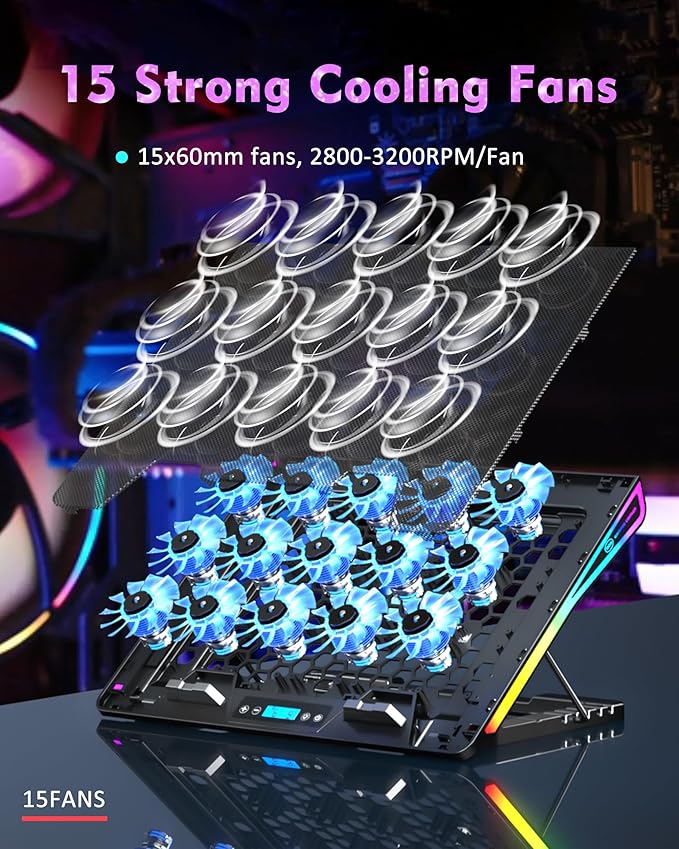 AICHESON Laptop Cooling Pad, 15 Powerful Cooling Fans, Gaming Laptop Cooler with RGB Lights for 15-17.3 inch PC Computers