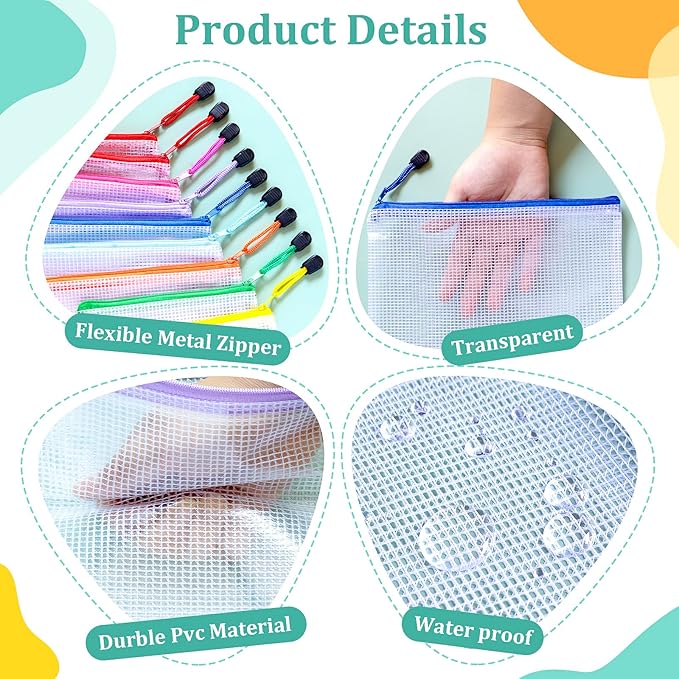 32pcs Mesh Zipper Pouch Bags, B5 Mesh Pouch, 8 Color Zipper Pouches for Organizing, Board Game Storage, Travel, School, Office
