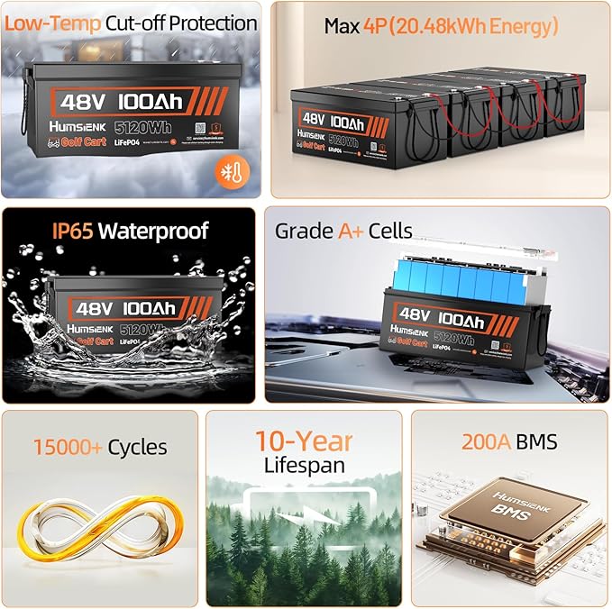 48V 100Ah Lithium Golf Cart Battery Group 8D with Bluetooth, Built-in 200A BMS 15000+ Deep Cycle LiFePO4 Battery with Low-Temp Protection for Golf Carts, RV, Off-Grid, Trailers & Marine