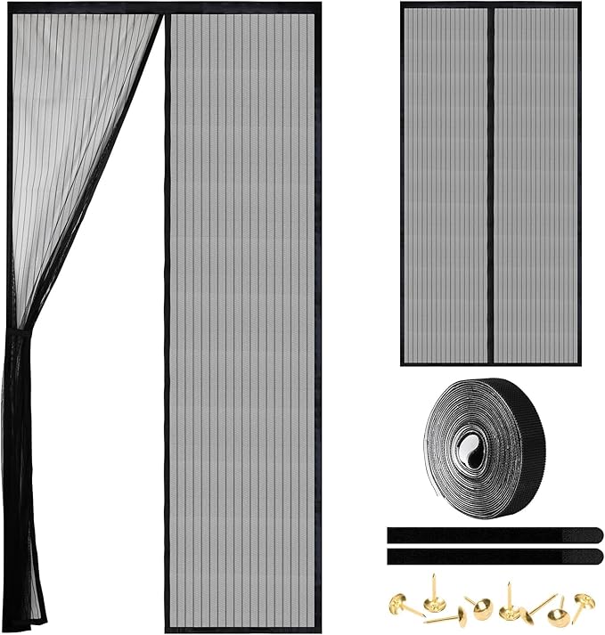 Magnetic Screen Door - Self Sealing, Heavy Duty, Hands Free Mesh Partition Keeps Bugs Out Let Breeze in- Pet and Kid Friendly - Keep Open Feature (Black, Fit Door Size 32 x 80 Inch)