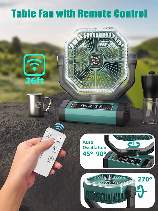 Portable Rechargeable Fan - 9-Inch Camping Fan for Tent, 20000mAh(60Hrs) Battery Operated for Camping, Auto Oscillation Cordless, Tent Fan with Remote/Light, 4 Speeds, 4 Timing, Outdoor