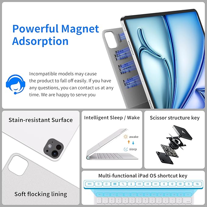 iPad Air 13 Inch Case Keyboard (M3 2025 / M2 2024) & iPad Pro 12.9 inch (6th,5th,4th,3rd Gen) Magic Keyboard with 7 Color Backlight, Multi-Touch Trackpad, Magnetic Stand,Auto Sleep/Wake (White)