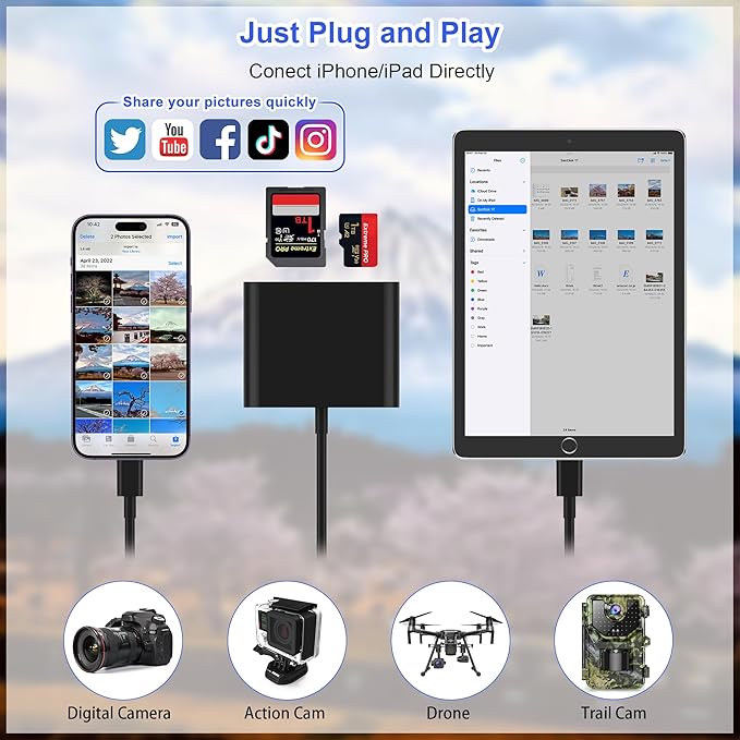 SD Card Reader for iPhone, Memory Card Reader with USB-C to Lightning Adapte Plug and Play Trail Game Camera Micro SD Card Viewer Support SD/TF Card and USB Adapter for iPad No App Required