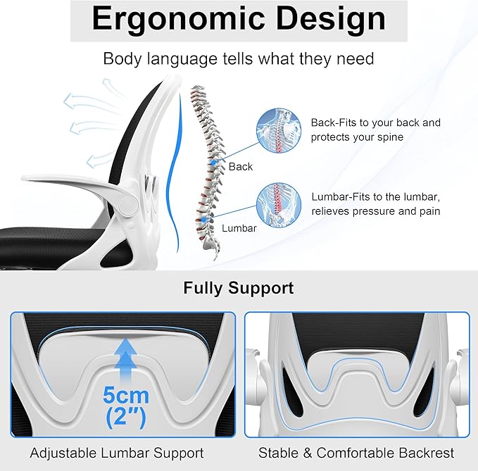 Drafting Chair Tall Office Chair with Flip-up Armrests, Adjustable Height, and Enhanced Lumbar Support - Ergonomic Rolling Stool, Back Support, and Adjustable Foot Rest Ring for Standing Desk White