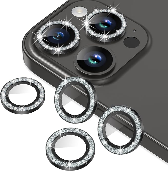 AGVEE 3+3 6 Pack for iPhone 14 Pro 6.1" / 14 Pro Max 6.7" Camera Lens Protector, Bling Diamond & Bling Glitter Metal Ring 9H Tempered HD Glass Camera Protector Cover Film, Bling-Black