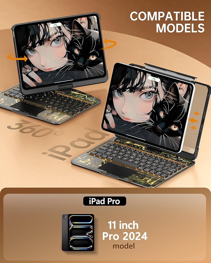 Intermerge Clear Keyboard Case for iPad Pro 11" (M4) 2024 Only, 360° Swivel Multi-Touch Trackpad, 7-Color RGB Backlit, Pencil Holder, Type-C, Power Indicator, Shadow Pulse