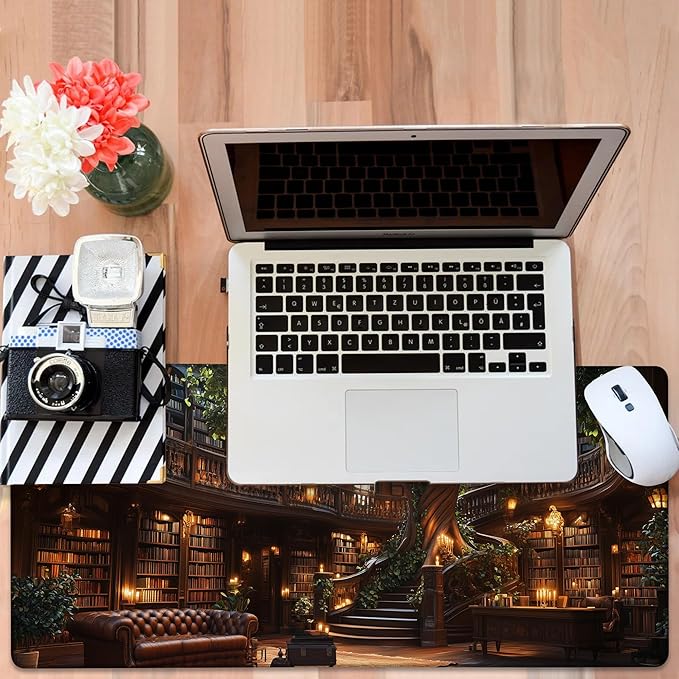 Large Mouse Pad Old Library Gaming Desk Pad Computer Keyboard Non-Slip Waterproof Mouse Mat with Rubber Base and Stitched Edges Entertainment Office Writing Desk Mat 35.4 x 15.7 Inches