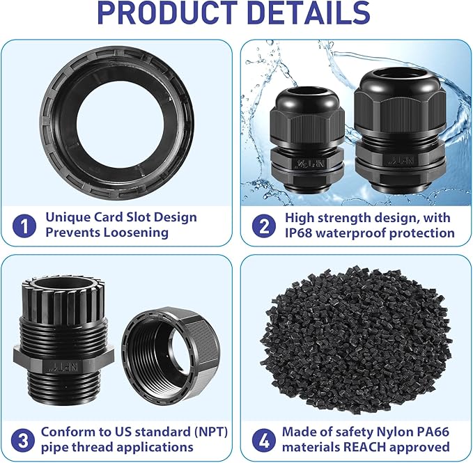 25 PCS 1"(17-25mm) NPT Nylon Cable Gland Joints with Gaskets, IP68 Adjustable Lock Nut Strain Relief Cord Grip Waterproof Cable Glands - UL Listed and RoHS Compliant