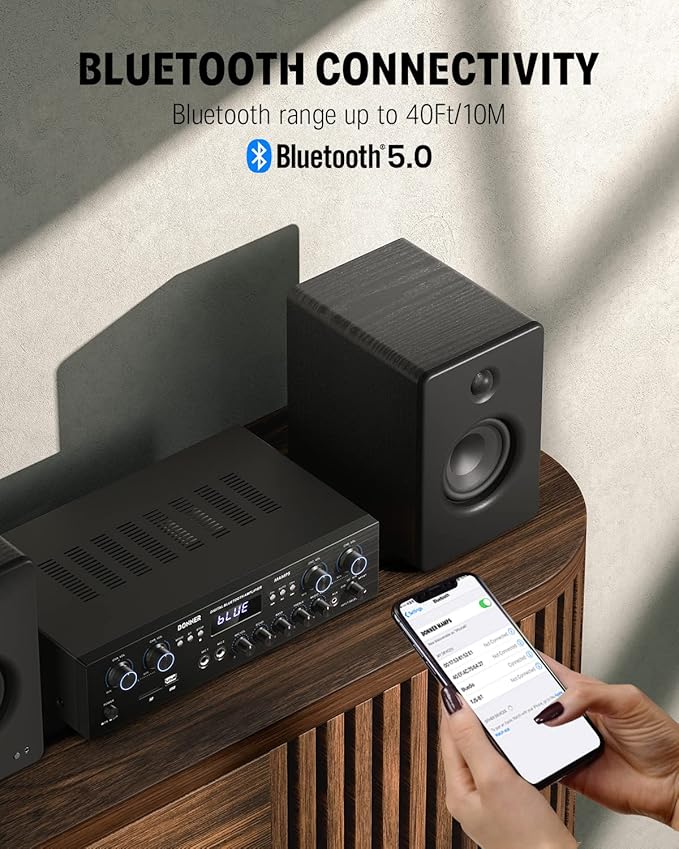 Donner Bluetooth 5.0 Stereo Audio Amplifier Receiver, 4 Channel 440W Peak Power Home Theater Stereo Receiver with USB, SD, FM, 2 Mic in Echo, RCA, LED, Speaker Selector for Studio, Home - MAMP5