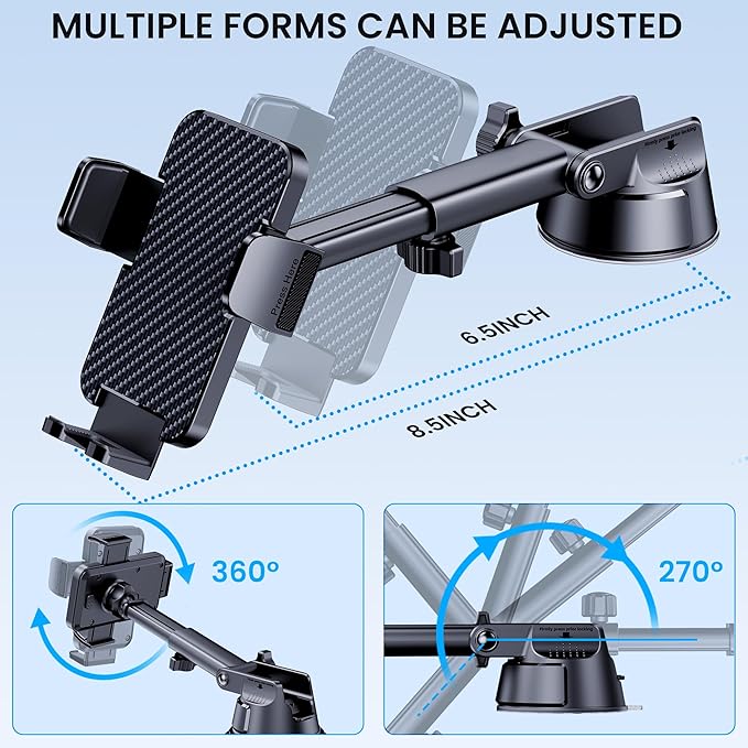 Phone Holder Car [Military Grade Suction Ultra Strong Base] Cell Phone Car Holder 3 in 1 Dashboard Windshield Air Vent Hands-Free for iPhone Android Phones
