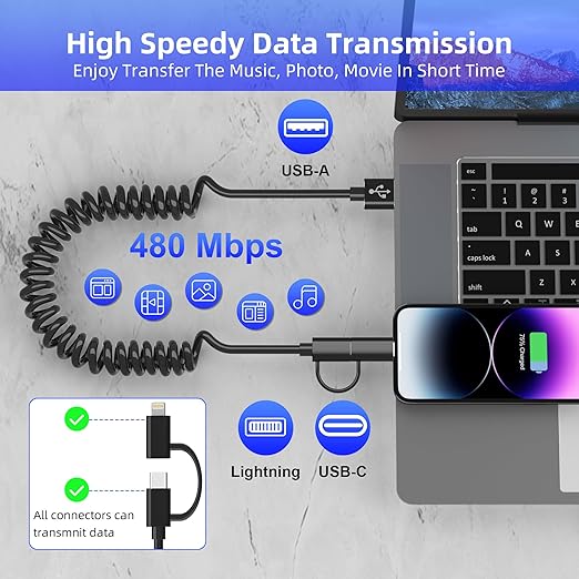 USB to USB-C and Lightning Cable Combo 2 in 1 Coiled Cable Support Apple Carplay & Android Auto [MFi & 3A Fast Charge & Data Sync] Coiled Lightning and USB C Cable for iPhone 17/16/15/14/13/12/Android