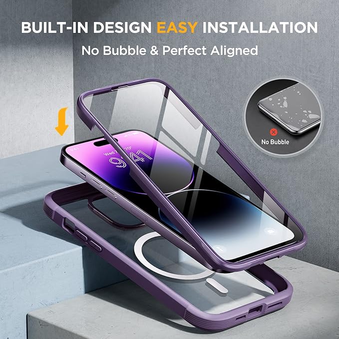Miracase Magnetic for iPhone 14 Pro Case 6.1 inch, (Compatible with MagSafe) Upgrade Full-Body Clear Phone Bumper Case with Built-in 9H Tempered Glass Screen Protector, Magnetic Purple