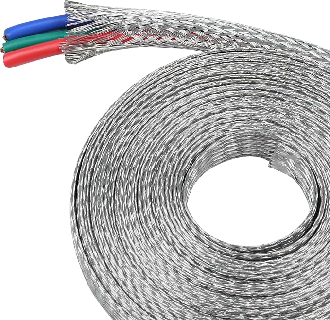 Tinned Copper Metal Braid Sleeving Wire Shielding Sleeve Braided Copper Ground Straps EMI/RFI Interference Expandable Flat Mesh Shielding Cable for Protect Wire (5/16inch-22ft)