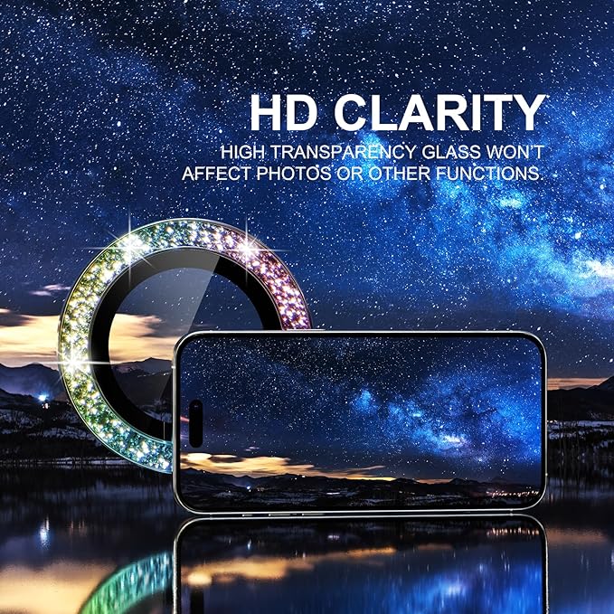 Choiche Compatible for iPhone 15 Pro/iPhone 15 Pro Max Camera Lens Protector Bling, 9H Tempered Glass Camera Cover Screen Protector Metal Ring Decoration Accessories (Glitter-Colorful)